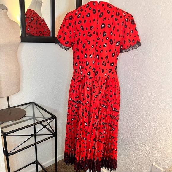 MIKAEL AGHAL Red Leopard‎ Pleated Midi Dress Lace Trim Size 6 - Picture 6 of 12